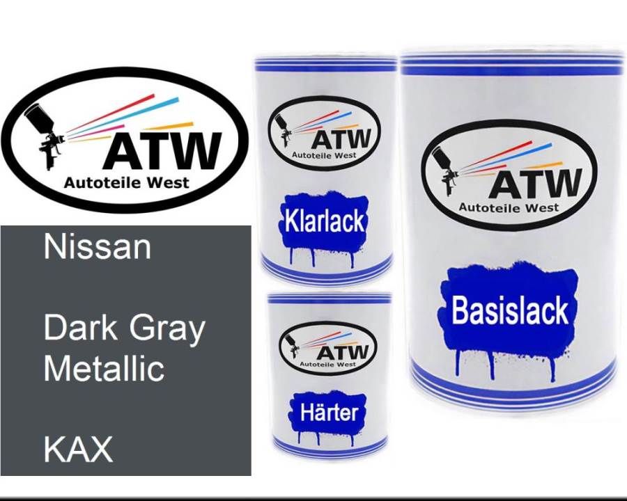 Nissan, Dark Gray Metallic, KAX: 500ml Lackdose + 500ml Klarlack + 250ml Härter - Set, von ATW Autoteile West.